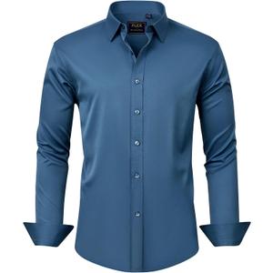 J.VER Men's Dress Shirts Solid Long Sleeve Stretch Wrinkle-Free Formal Shirt Business Casual Button Down Shirts (Large, Dark-blue)