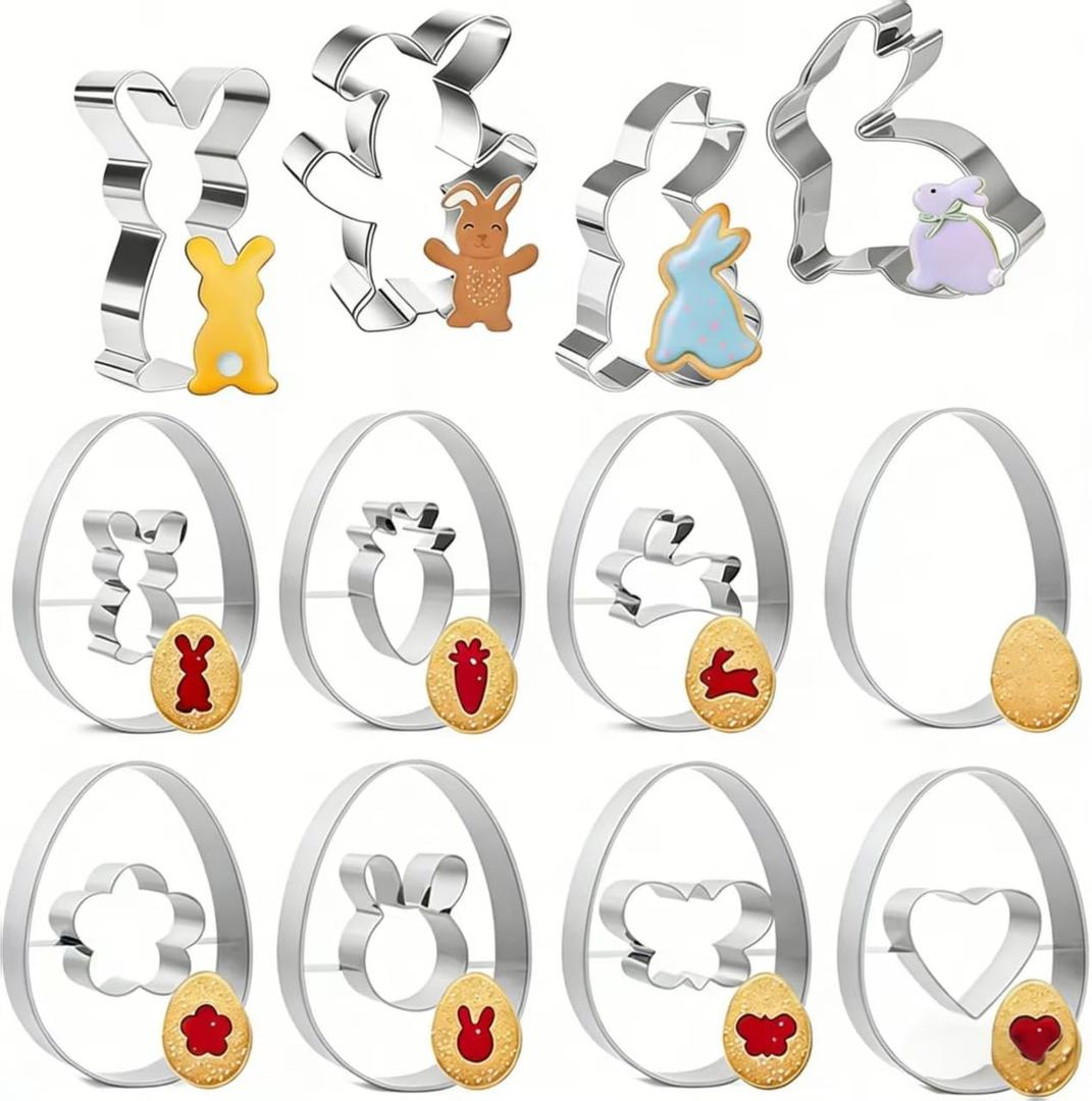 Cookie Cutters Set, 12PCS Stainless Steel Baking Molds with Bunny Egg Carrot Flower Shapes, Spring Cookie Cutter Set for Cookies, Biscuit, Fondant, Baking Supplies