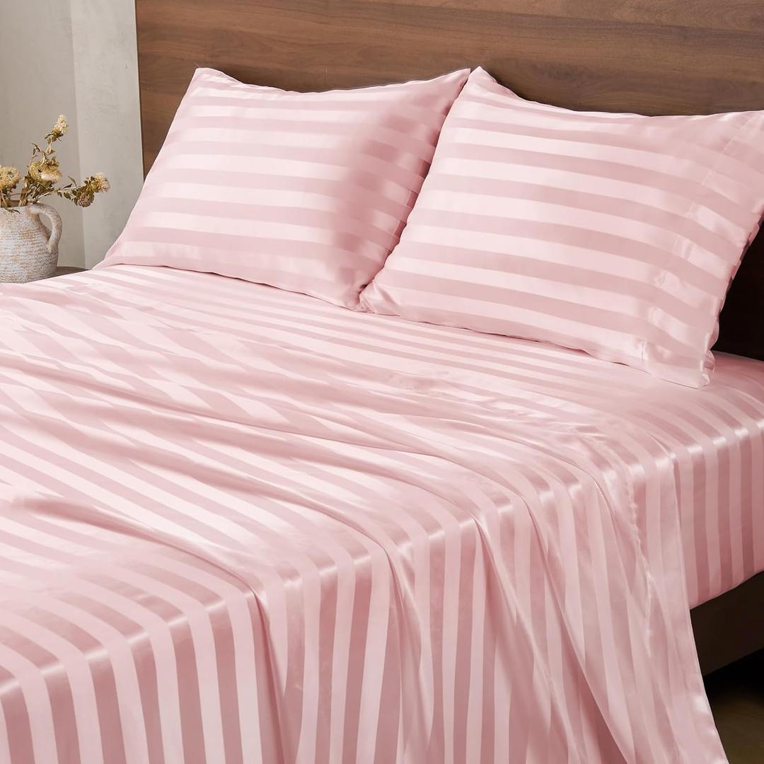 BEDELITE Satin Sheets Queen Size, Luxury Jacquard Striped Pink Bedsheets Set with Elastic Corner Straps, Similar to Silk Sheets Set 4 PC with 1 Deep Pocket Fitted Sheet, 1 Flat Sheet, & 2 Pillowcases