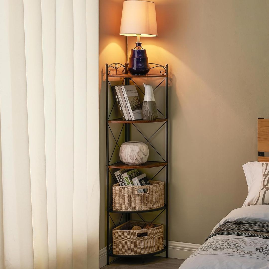 VECELO 5 Tier Corner Shelf with 2 Woven Basket, 55" Tall Standing Organizer, Rustic Brown Storage Rack, Narrow Bookshelf Display Shelves Rack for Wall Corner, Living Room, Kitchen, Bedroom, Office