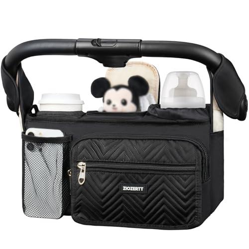 ZIOZERTT Universal Stroller Organizer with Insulated Cup Holder, Stroller Caddy Bag with Wet Wipes Pocket, Stroller Accessories Fits for Uppababy, Doona, Jogger, Britax, Mompush, BoB Strollers, Black