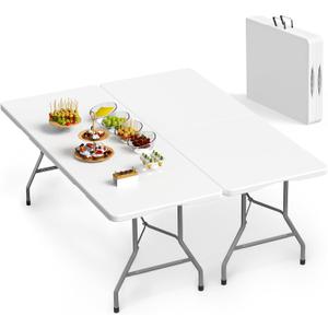 VSOAEIL Set of 2 6 Foot Folding Table for Indoor Outdoor, Portable Heavy Duty Fold-in-Half Utility Plastic Foldable Dining Table with Carrying Handle for Picnic, Camping and Party, 2 Pack White