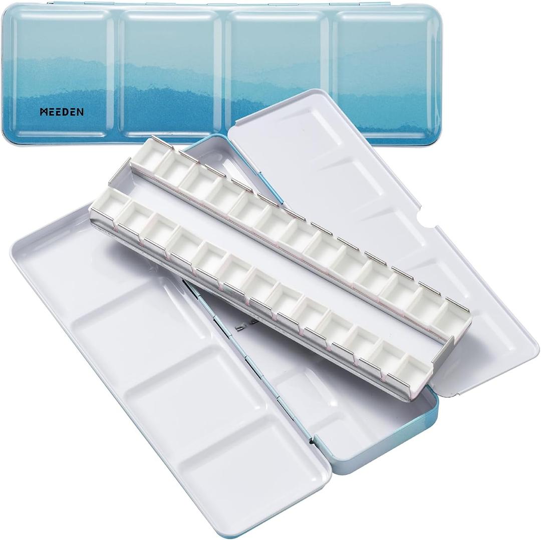MEEDEN Empty Travel Watercolor Palette: Portable Watercolor Palette Tin with 24 Half Pans - Metal Watercolor Paint Palette Tin Box for Artist Student Adults (Blue)