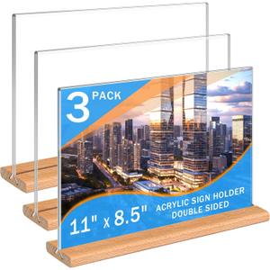 Kersally Acrylic Sign Holder 11 x 8.5'', 3 Pack Double-Sided Clear Table Display Stands with Wood Base, Horizontal Acrylic Frame Menu Flyer Paper Holder for Store, Restaurant, Hotel, Office, Show Fair