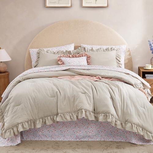 BLOOMHAVEN Full Comforter Set - 7 Pieces Ruffle Beige Bedding Sets, Shabby Chic Farmhouse Bed in a Bag Full with Ruffle Comforter, Floral Sheets, Pillowcases & Shams