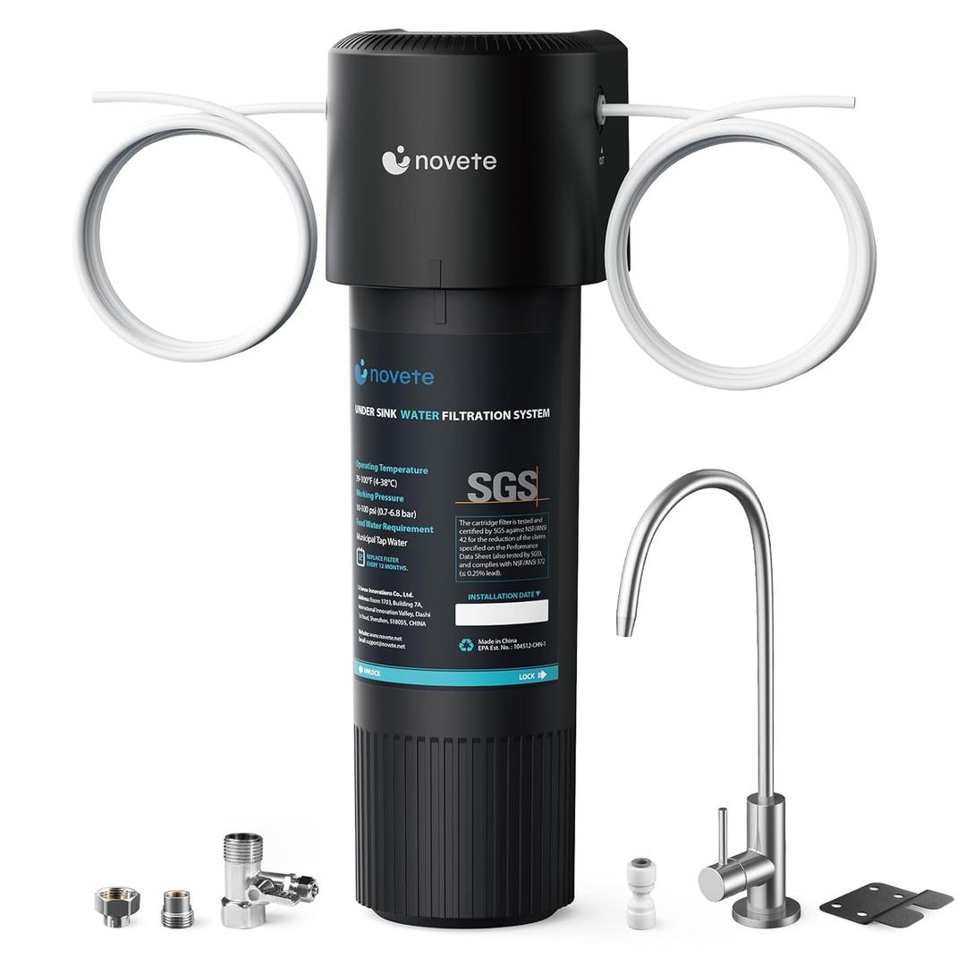 NOVETE Under Sink Water Filter, 3-Years, 30000 Gallons, Reduce 99.5% Chlorine, PFAS, Bad Taste, NSF/ANSI 42/372, Water Filtration System with Stainless Faucet, USA Tech, Do Not Reduce TDS, UWF1A-KPC (Black)