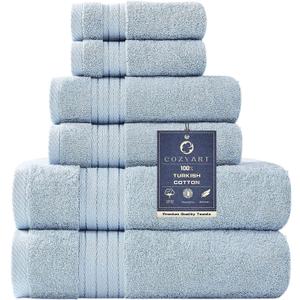 COZYART Light Blue Towel Sets for Bathroom 6Pcs, Turkish Cotton Bath Towel Set Soft Highly Absorbent and Durable 650 GSM Luxury Bathroom Sets with 2 Bath Towels, 2 Hand Towels, 2 Washclothes, 6 Piece Towel Set
