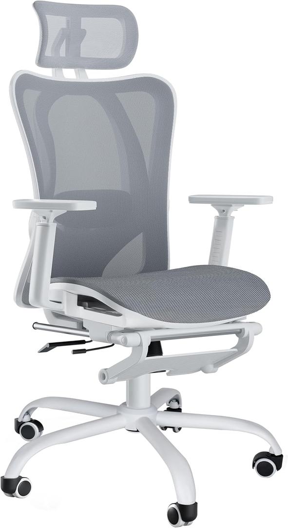 Ergonomic Office Chair, Adjustable Lumbar Support, 3D Headrest, Flip-Up Armrests, Retractable Footrest, High-Back Mesh Design, Comfortable Desk Chair for Home and Office, Gray (Grey)