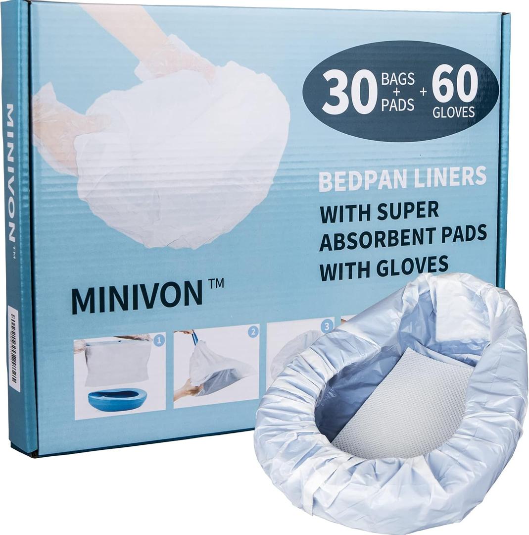 MINIVON Bedpan Liners with Super Absorbent Pads - Value Pack 30 Count - Bed pan Bag Disposable Pulling String, Medical Grade & Universal Fit Bed Pan, for Bedridden Patients, Elderly Senior, Bedbound