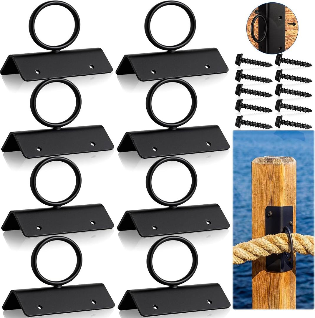 8 Pack Rope Support Holder for Corner Post 2 Inch Drop Ring Brackets Decorative Deck Hooks for Stair Railing, Hemp Rope Fences, Ceiling Hook, Black Wall Mounted Hanger