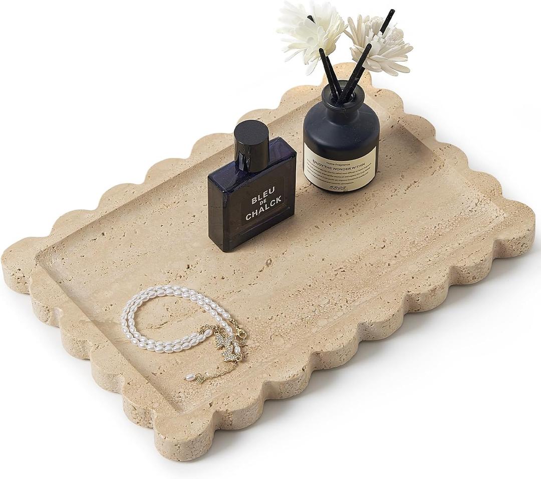 Real Natural Scalloped Travertine Tray for Bathroom, Vanity, Kitchen and Desktop, Decorative Stone Tray for Jewelry, Cosmetics, Candles, Lotion, Perfume and Home Dcor (Travertine, 12" x 8")