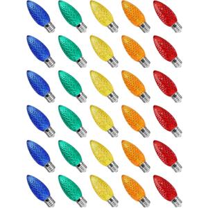 30-Pack C9 Multicolor LED Replacement Bulbs, Diamond Cut Transparent, Shatterproof for Vibrant Outdoor Christmas Lights, Jewel Tones, Energy Saving, E17 Base