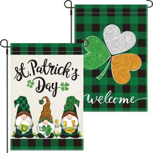 Boao 2 Pieces St Patrick's Day Garden Flag Gnome Shamrock 18 x 12 Inch Yard Flag Irish Green Shamrock Garden Flag Double Sided Decorative Garden Flag for St. Patrick's Day Outdoor Decoration