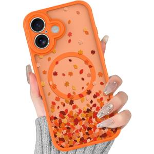 BITOBE Magnetic Case for iPhone 17 [Compatible with MagSafe] Cute Fallen Leaves Pattern Case for Women Girls Soft TPU Bumper Translucent Orange Slim Protective Cover
