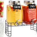 2 Gallon Large Glass Drink Dispenser Set, 2 Pack Beverage Dispensers with Stand & 18/8 Stainless Steel Spigot, Leakproof for Lemonade, Sun Tea & Iced Tea
