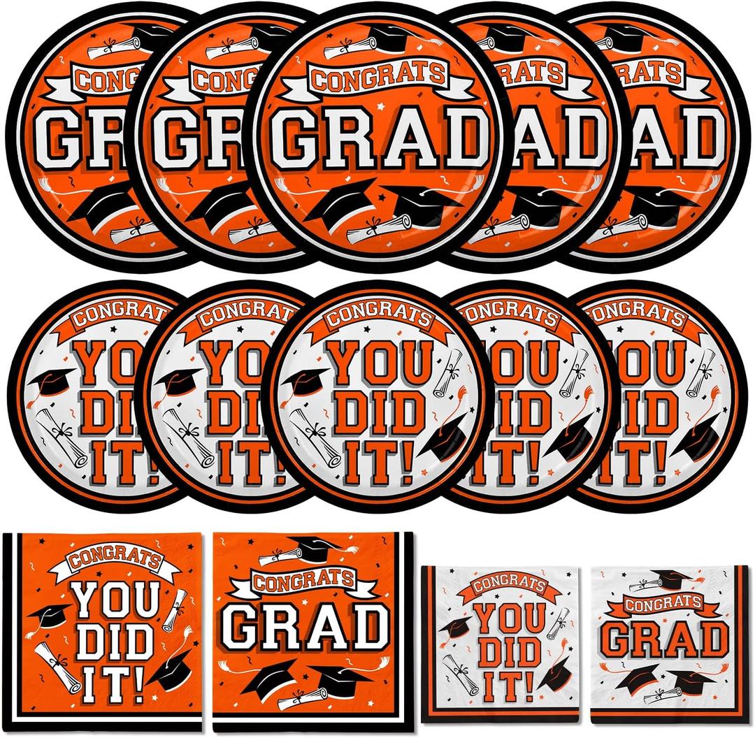 Graduation Party Supplies Dinnerware Set orange Disposable dinner paper plates dessert paper plates and Napkins for Congrats Grad Party Decorations, Serve 50