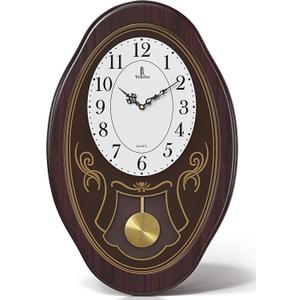 Musical Wall Clock with Pendulum - Oval Pendulum Wall Clock with Melodies & Westminster Chimes - Chiming, Battery Operated & Made of Wood for Living Room, Office, Home Decor & Gift (Color: Dark Wood Oval)