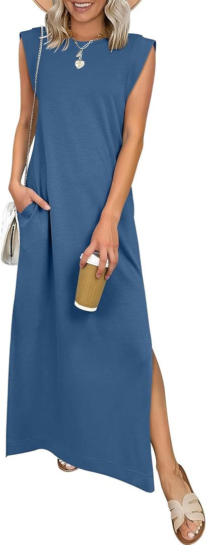 ANRABESS Women Summer Casual Sleeveless Maxi Dress 2026 Crewneck Loose Split Wrinkle-Free Beach Travel Vacation Long Sundress (Medium, Deep Blue)