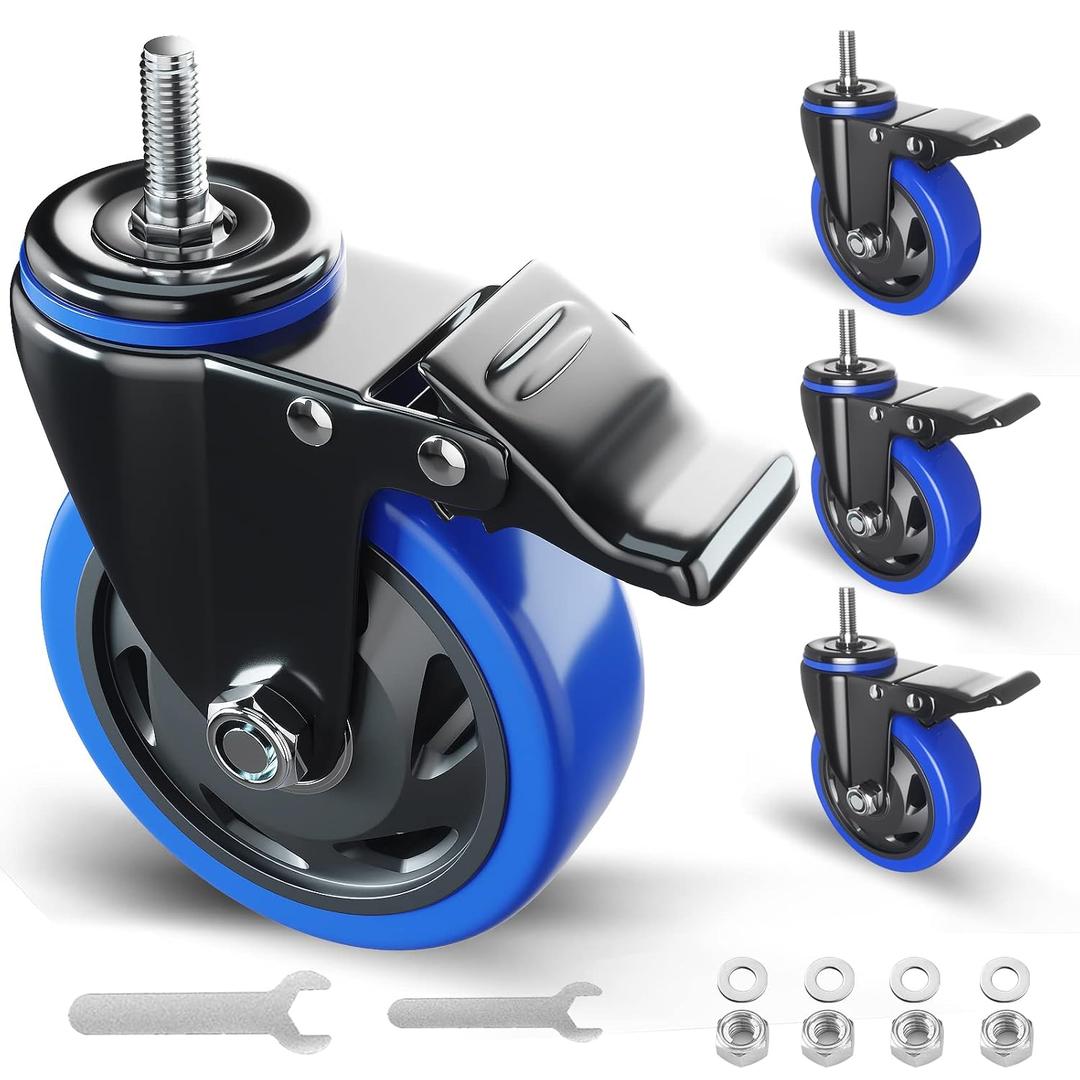 4" Caster Wheels Heavy Duty 2200Lbs 3/8 Threaded Stem Casters Set of 4 | 3/8"-16 x 1,Polyurethane (PU), 360 Degree No Noise Wheels for Furniture, Cart, Tool Box, Workbench, Wire Shelving