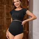 Bhome Maternity Swimsuit Bikini Set Two Piece Ruffle Sleeve Ribbed Bathing Suit High Waisted Pregnancy Swimwear, Medium