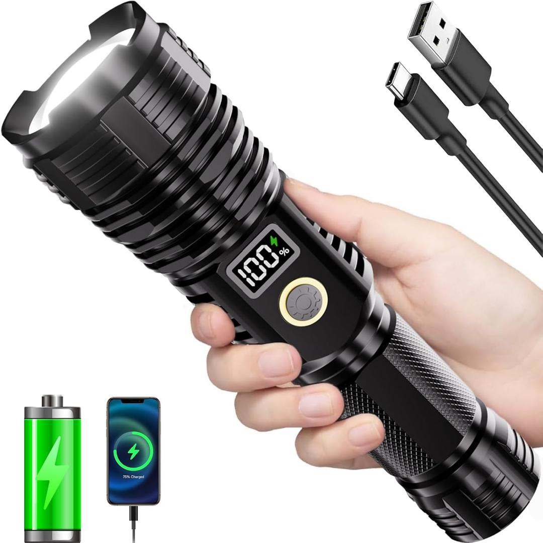 Flashlights High Lumens Rechargeable, LED Super Bright Flash Light Long Beam, Zoomable Linternas with LCD Digital Display, 5 Mode, Waterproof, Powerful Tactical Flashlight for Emergencies Camping Gift (Black)