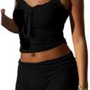 XBTCLXEBCO Women Sexy 2 Piece Pajama Set Sleeveless Lace Trim Crop Cami Top and Shorts Pj Set Y2K Sleepwear Lounge Outfits XL