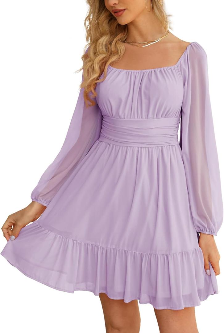 Wenrine Women's Mesh Long Sleeve Square Neck Dress High Waist A Line Ruffle Hem Flowy Casual Party Mini Dress (Light Purple) S