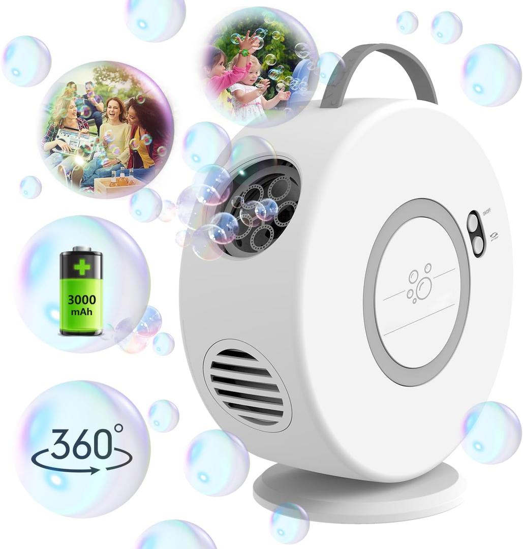 Bubble Machine for Kids Toddlers,Automatic Bubble Blower Rechargeable, 90 360 Auto Rotatable Portable Bubble Maker Electric Bubbles Toy for 3 4 5 6 7 8 Year Old, Outdoor Wedding Party Gifts (White)