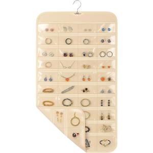 1 Pack Hanging Jewelry Organizer, 80 Clear Pockets earring organizer and storage, Accessories holder organizer for Closet, Jewelries, Necklace, Travel (Beige)