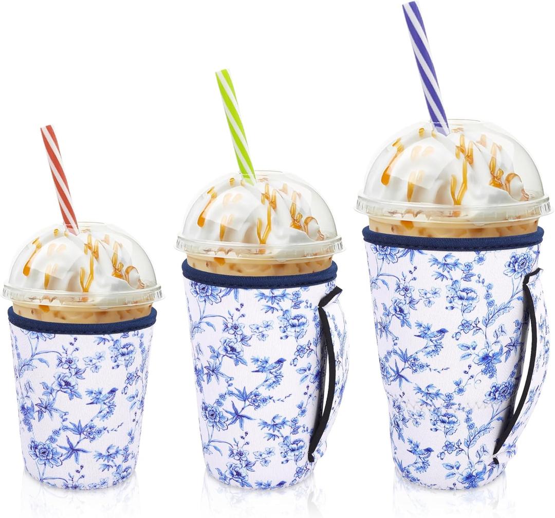 Iced Coffee Sleeve Insulator Sleeves for Cold Drinks Beverages, 3 Pack Reusable Neoprene Cup Sleeve with Handle for 16-32oz Coffee cups (Abstract Floral China)