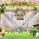 Easter Photo Backdrop for Photography, Spring Rustic Barn Door Theme Backdrops for Photoshoot, Bunny Eggs Green Easter Family Party Decorations 7x5ft