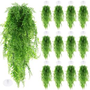 12 Pcs Reptile Plants for Terrarium Fake Reptile Plants Bearded Dragon Tank Accessories Fake Hanging Vines Artificial Leaves with Suction Cup Lizards Geckos Snake Pets Hermit Crab Habitat Decor