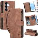 for Samsung Galaxy S25-Wallet Case: for Galaxy S24 Case with RFID Blocking Card Slots (6 Cards) | Soft PU Leather Magnetic Snap Zipper Pocket | Wrist Strap Protective Phone Cover -Brown