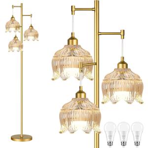 ILLMTW Gold Floor Lamp for Living Room,Bedroom,Mid Century Modern Standing Lamp Brass Tree 3 Light Tall Floor Lamps Vintage Retro Floor Lights Glass Amber Flower Lamp Shade Farmhouse Boho Bohemian