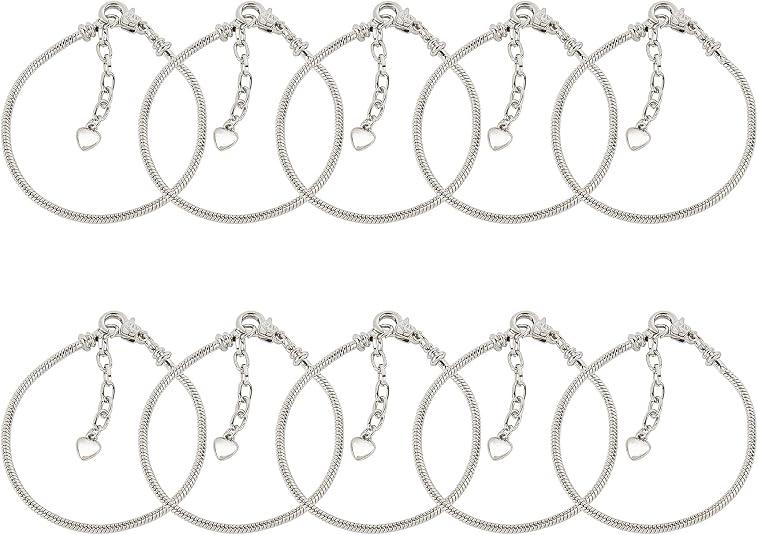 10 Pack Silver Snake Chain Charm Bracelets with Heart Lobster Clasp Extender Chain Charm Bracelet for Jewelry Making