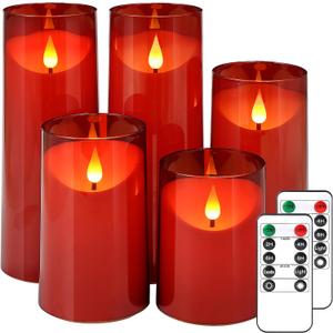 NURADA Flameless Candles, Acrylic LED Pillar Candles Battery Operated with Remote and Timer for Romantic Ambiance and Home Table Bathroom Decor, Pack of 5 (D 3"H 4" 5" 6" 8" 8") (Red)