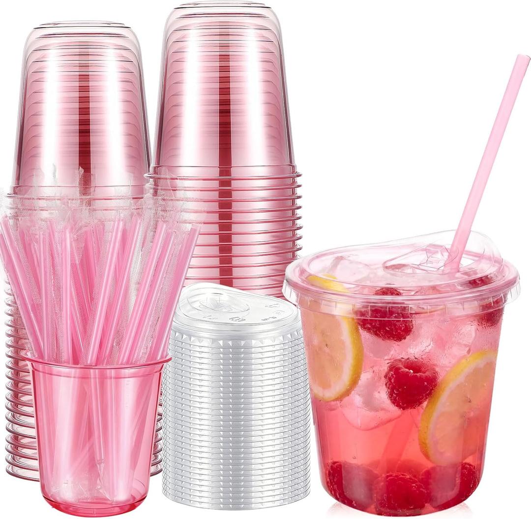 Ziliny 50 Pack 12oz Pink Clear Plastic Cups with Lids and Straws, PET Disposable Drinking Cups, Disposable Iced Coffee Cup for Smoothies, Cold Drinks, Parties, Wedding, Meeting, Drink Shops