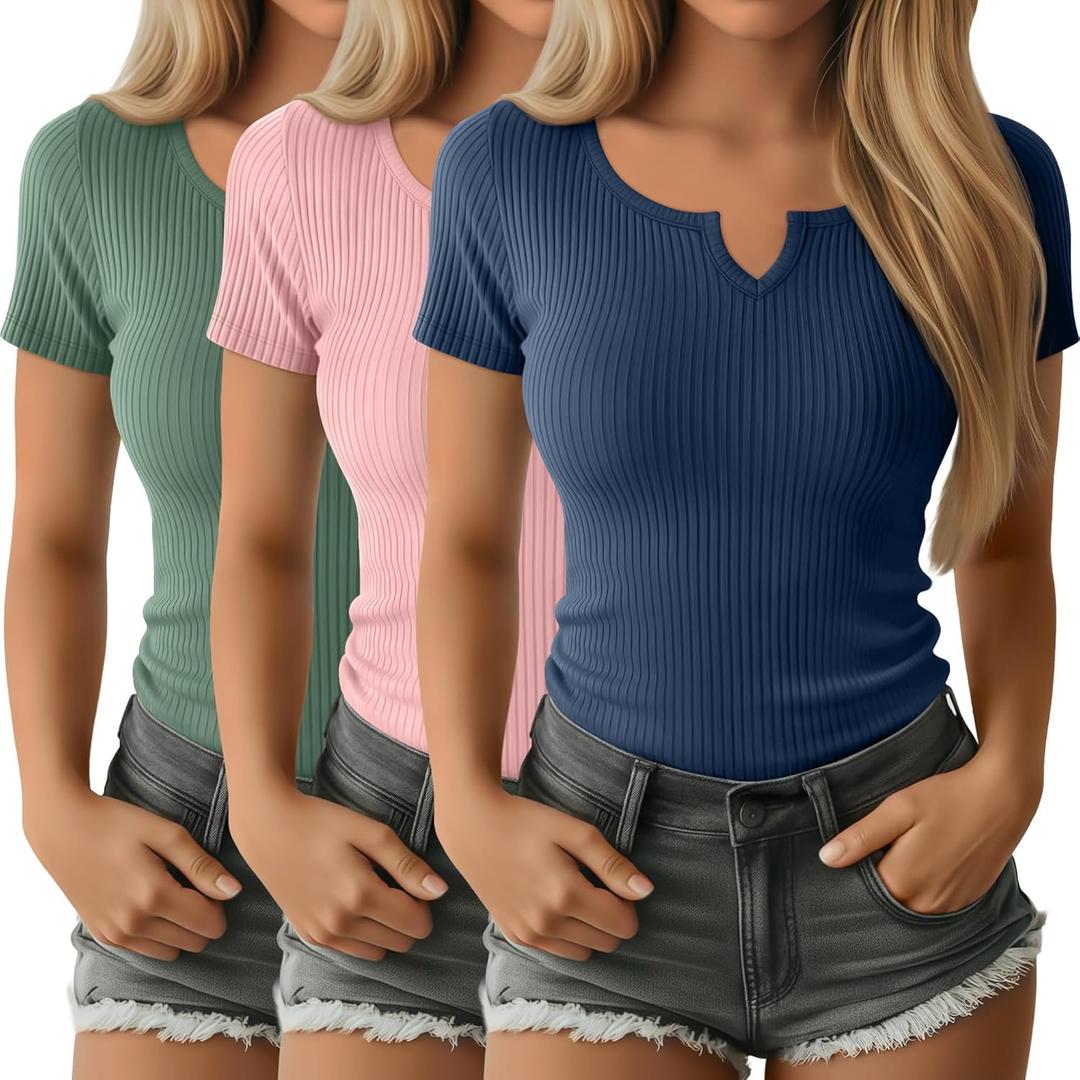 Velvelhall 3 Pack Women's Ribbed T-Shirts Cotton V Neck Short Sleeve Tops Basic Summer Tees Slim Fit Trendy Casual Shirts(Beige Green, Light Pink, Dark Blue, Small)