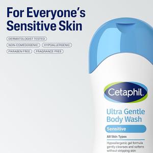 Cetaphil Ultra Gentle Body Wash, For Dry to Normal, Sensitive Skin, 16.9oz Pack of 1 Aloe Vera, Vitamin B5, Hypoallergenic, Paraben Free, Fragrance Free, Dermatologist Tested