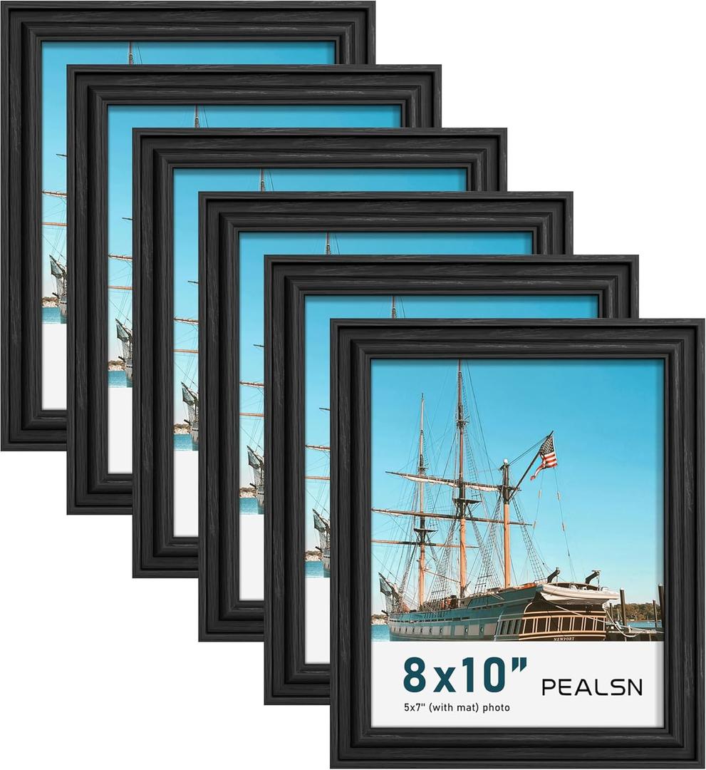 PEALSN 8x10 Picture Frame Set of 6, Display Pictures 5 x 7 with Mat or 8 x 10 without Mat, Wall Gallery Photo Frames for Wall Mounting or Tabletop Display, Black Woodgrain