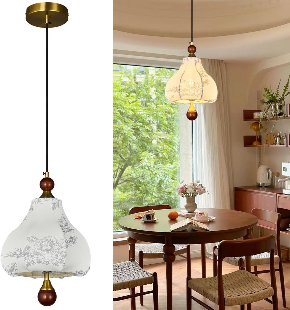 Fabric Pendant Light, Modern Wood Single Head Hanging Lamp, Brass Finished Adjustable Pendant Lighting Fixture,Vintage Chandelier for Bedside, Hallway, Bedroom, Kitchen Island, Restaurant