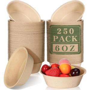 Dandat 6 oz 250 Pack Disposable Paper Bowls Bulk Small Bagasse Dessert Bowls for Ice Cream Soup Salad Pasta Party Supplies Picnic Banquet Barbecues Pet Food(Brown)