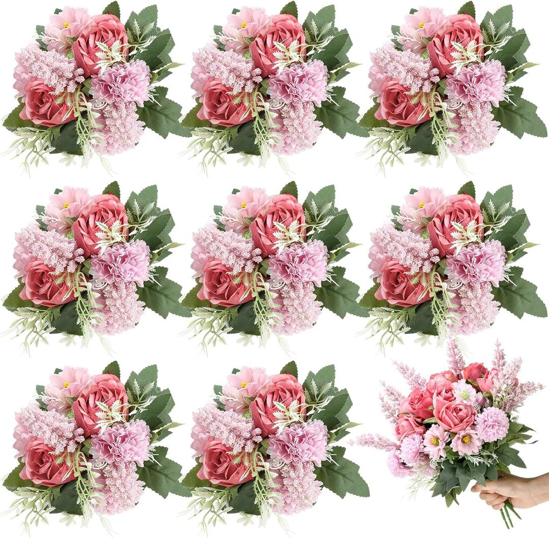 Zeyune 8 Pcs 13.4 Inch Artificial Flowers Bouquet Fake Silk Flowers Faux Bouquet Hydrangea Bouquets for Mother's Day Wedding Birthday Table Centerpieces Home Office Decoration(Bean Paste Pink,Rose)