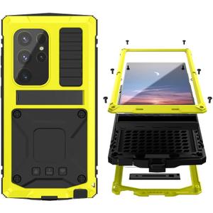 Simicoo Compatible with Samsung Galaxy S25 Ultra Metal Bumper Case with Stand Screen Protector Camera Cover Hybrid Durable Metallic Military Dust Proof Heavy Duty Full Body Man (Yellow)