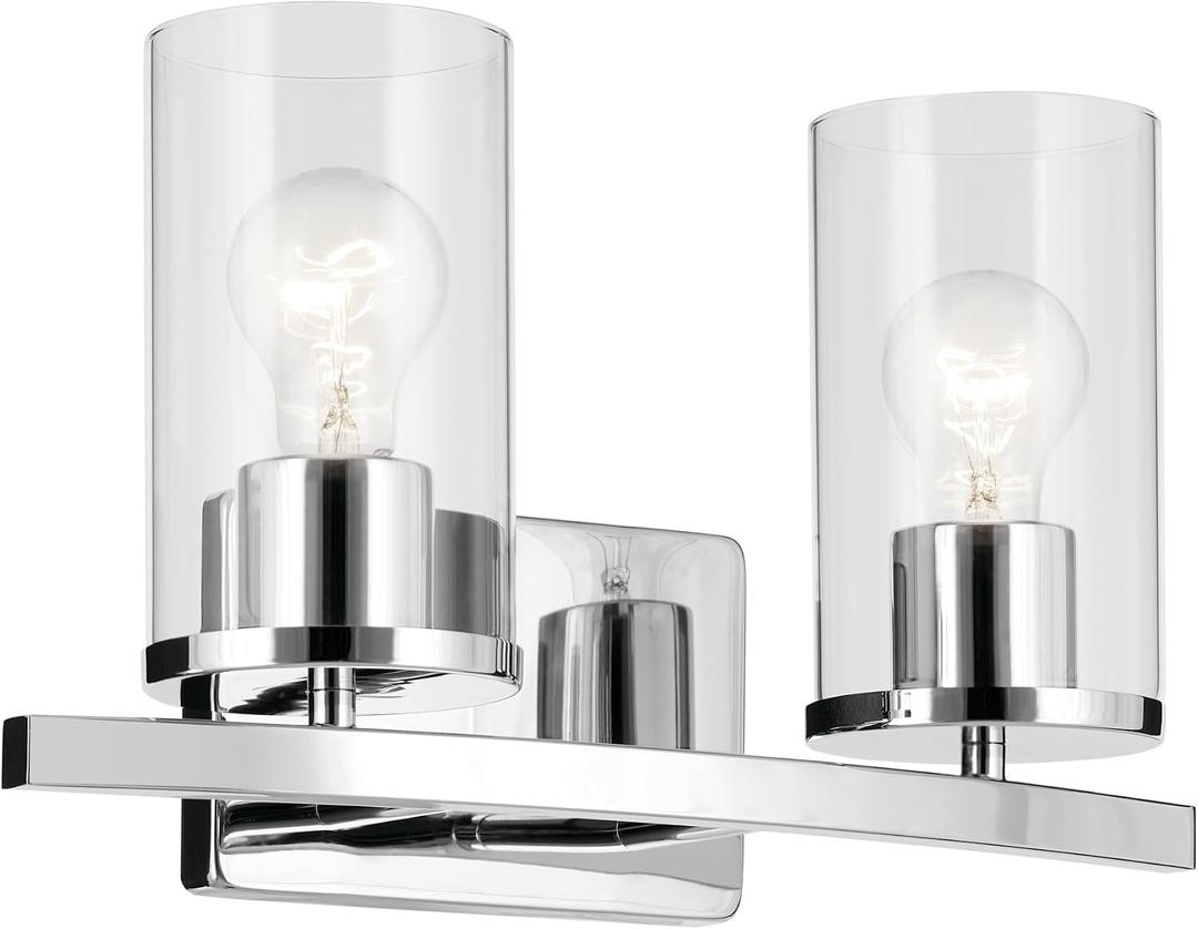 Kichler Crosby 15.25" 2-Light Bathroom Vanity Light Fixture with Clear Glass in Chrome for Modern Powder Room, Wall Mount Over Mirror (15.25" x 8.75"), 45496CHCLR