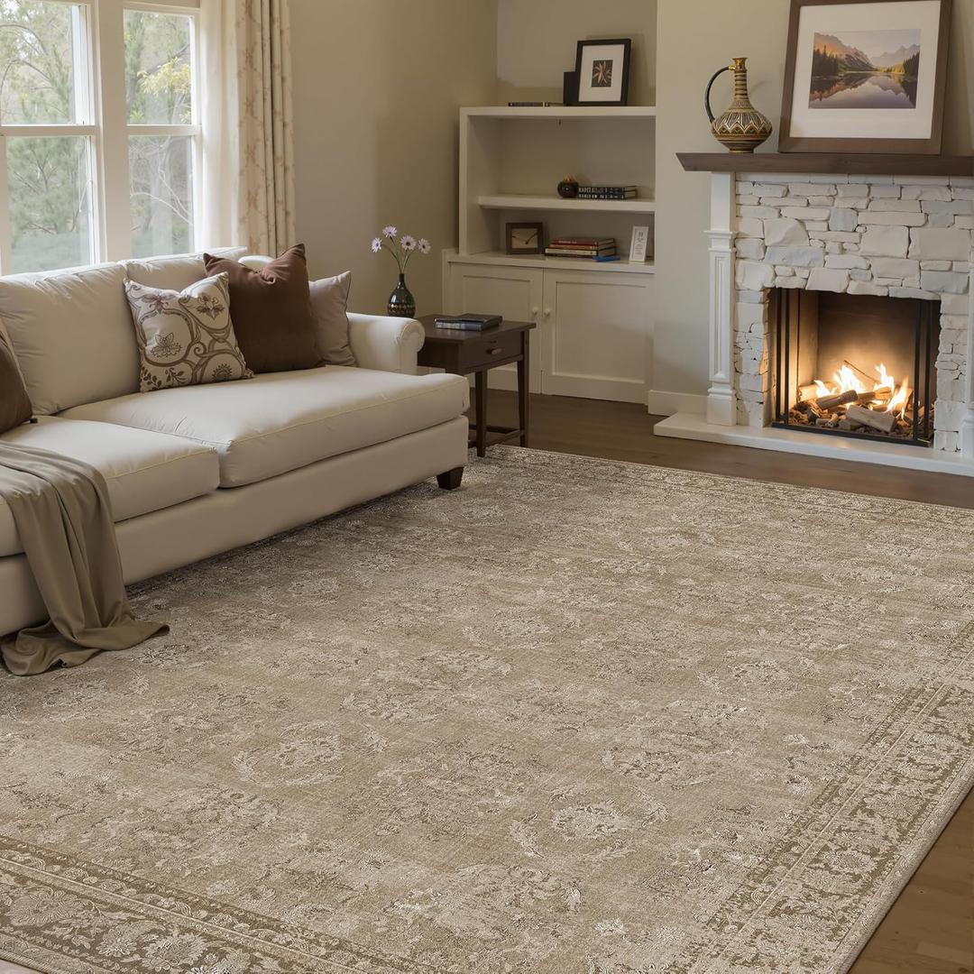 6x9 Light Brown Area Rug for Living Room Washable Vintage Distressed Carpet Large Bedroom Low Pile Non Slip Indoor Soft Retro Throw Accent Rug Office Kitchen Bathroom Dining Room (6' x 9' (Rectangular), Vintage | Light Brown)