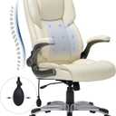 COLAMY High Back Executive Office Chair- Ergonomic Home Computer Desk Leather Chair with Padded Flip-up Arms, Adjustable Tilt Lock, Swivel Rolling Chair for Adult Working Study-Ivory (Set of 1), Ivory 