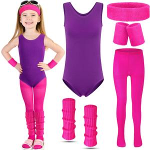 Giegxin Kids 80s Workout Costume Halloween Outfit Accessories Retro Neon Leotard Legging Headband Wristband Leg Warmers (Medium, Rose Red, Purple)
