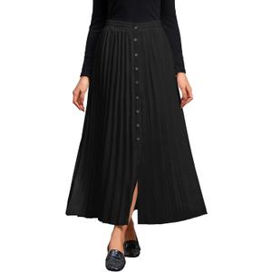 MAKABO Women's Maxi Pleated Skirt with Pockets, High Waisted A Line Long Skirts Button Down Business Casual Outfits