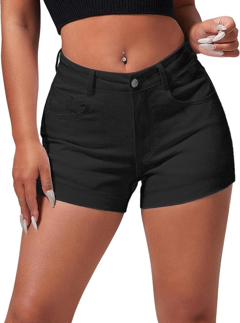 roswear Women's Casual Summer High Waisted Basic Jean Shorts Stretchy Denim Shorts (Large, Black)